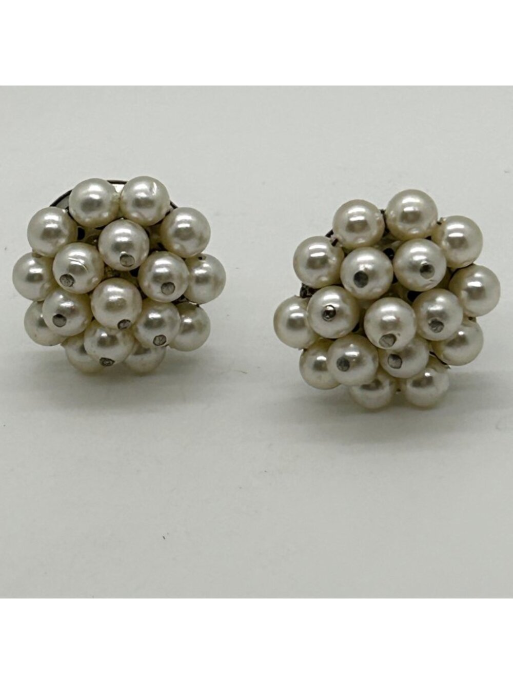 Vintage Faux Pearl Cluster Clip On Earrings Silver Tone Wedding Bridal Retro